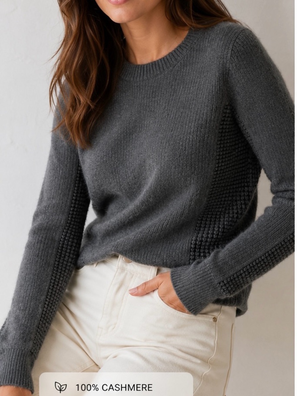 Kokun 100% Cashmere Gray Textured Crewneck Sweater Small Like New